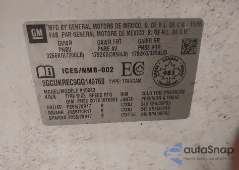 2016 Chevrolet Silverado 1500 1Lt z USA, uszkodzony, nr VIN 3GCUKREC9GG149760